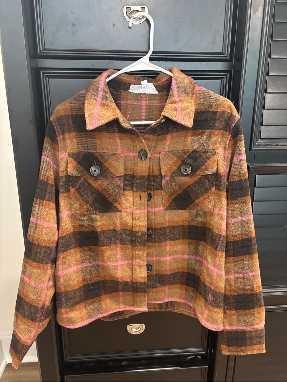 BB Dakota Brown Plaid Shacket with Pink Accents
